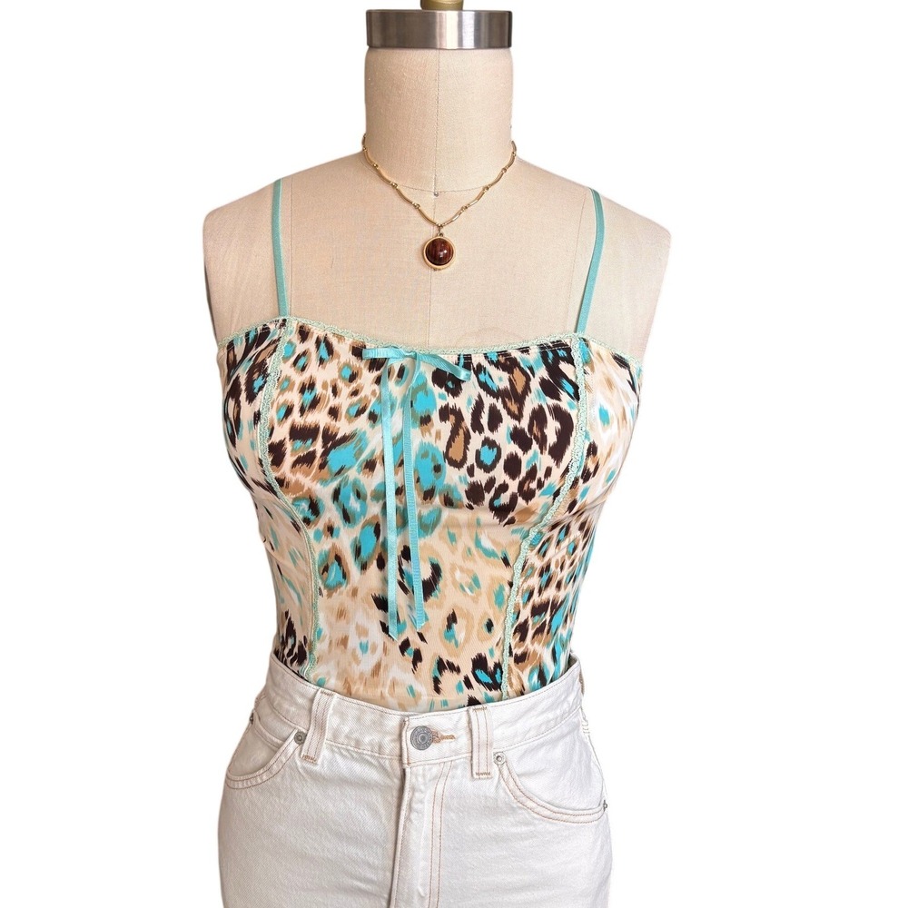 Y2K Lace Trim Leopard Print Touch 9 Cami Top Small Turquoise Brown
